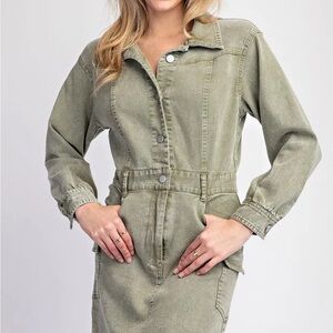 Stylish Moss Green Denim Mini Dress